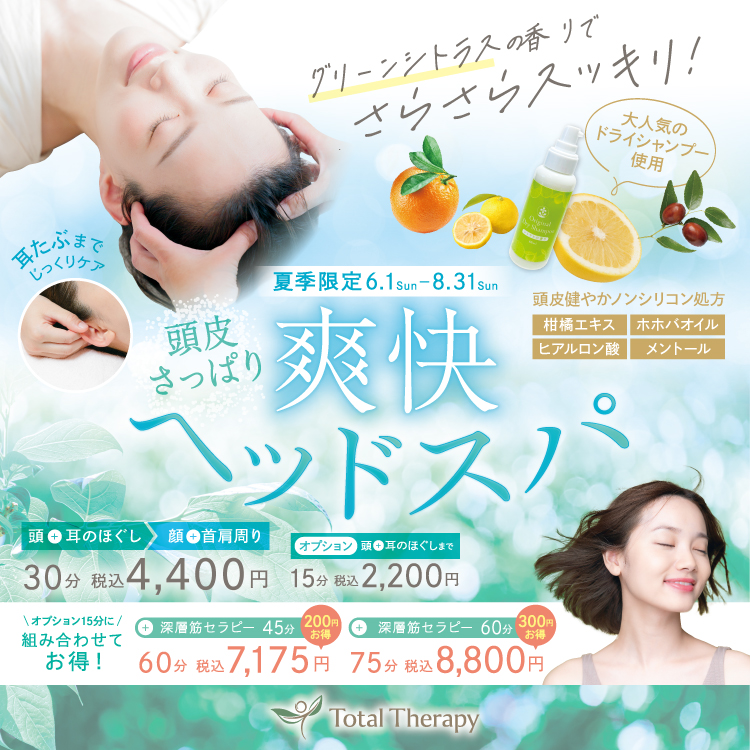 【夏季限定】頭皮さっぱり爽快ヘッドスパ(トータルセラピー)